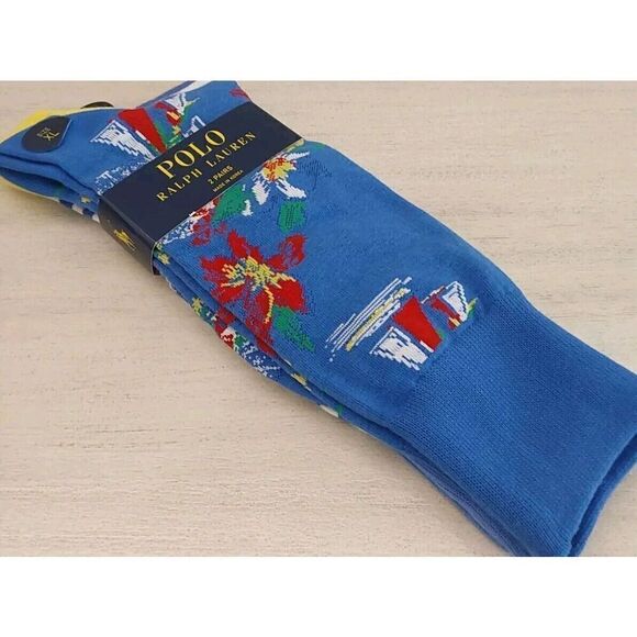 Polo Ralph Lauren Mens Crew Socks Polo Paradise Print Blue 2-Pair Sz XL 13-16 - Picture 4 of 8